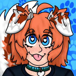 Art. She has short ginger hair, blue eyes, freckles, & dog ears and tail (described in more detail in text below). She has a blue/green collar resembling a pine forest. It has a silver heart tag attached.