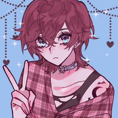 Picrew. She has short, scruffy, dark pink hair & blue eyes. She's wearing a pink flannel and a lavender choker with heart hardware. She has a somewhat shy expression and her hand is in a peace sign. Her left shoulder is tattooed.