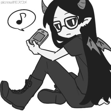 Picrew. It's more human-looking than usual, with small devil wings & horns, pierced pointy ears, long black hair, glasses, & inverted eyes.