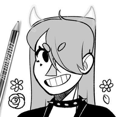 Picrew. Their long hair has bangs swept to one side. They're wearing a spiked choker and they have horns. They're grinning.