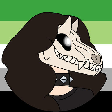Art. Its face is a horned canine skull w/ glowing pupils & long dark hair. It has a spiked collar on. Aro flag background.