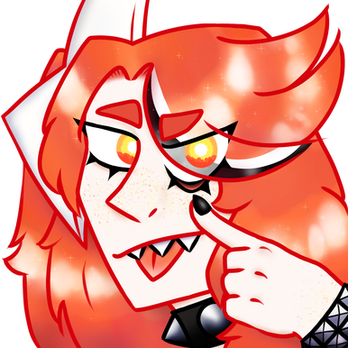 Art. They have bright red-ginger hair (unnatural color), pale skin, gold freckles, sunset eyes, sharp teeth, and a right horn.