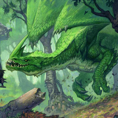 Art by Jacob Burgess. A green dragon (Pathfinder) charging through a dense forest into a fight.