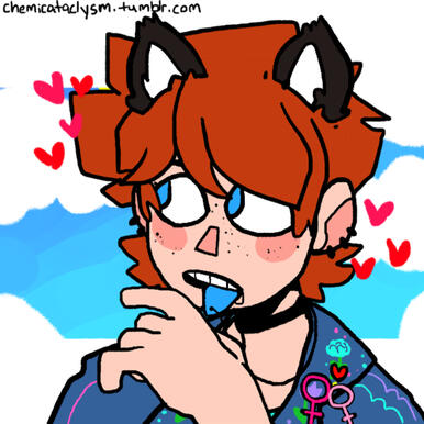 Picrew. She has short ginger hair, blue eyes, freckles, & dog ears. She has an embroidered jacket w/ a lesbian double venus patch/pin. She has a chew stim necklace.