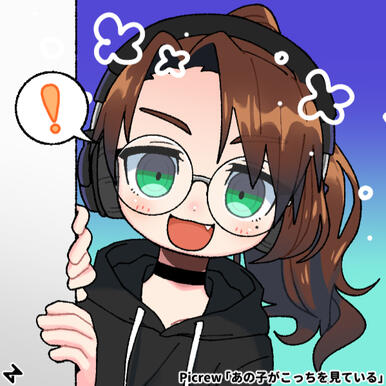 Picrew. She has long brown hair tied into a ponytail, green eyes with round glasses, and a big open smile. She's also wearing a black hoodie, a choker, and headphones.