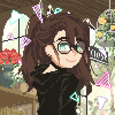 Picrew. Pixel art style. She's smiling and her eyes are more tired-looking with bags underneath. She's wearing the same as the other picrew, but with ear piercings and no headphones.