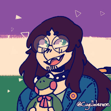 Picrew. They have long brown hair & glasses. Theyre sitting in a wheelchair holding a frog plush. Background is genderqueer flag