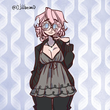 Picrew. She has short light pink hair, blue eyes, and glasses. She's wearing a cute black and grey outfit. She is smiling and holding her hand near her face.