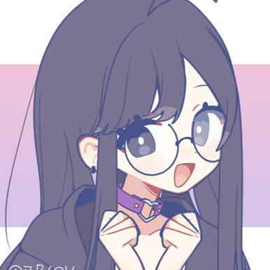 Picrew. She has long black hair & black eyes with white dots. She's wearing round glasses, a black hoodie, and a purple choker with a heart motif.